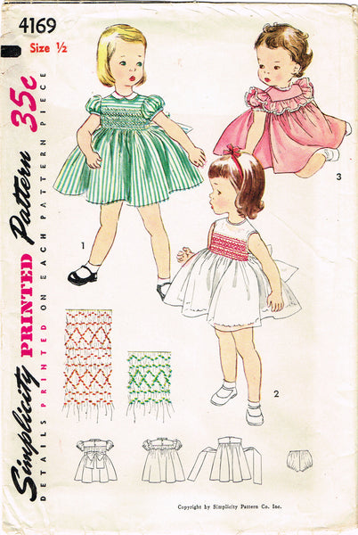1950s Vintage Simplicity Sewing Pattern 4169 Toddler Girls Smocked Dress