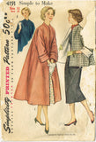 1950s Vintage Simplicity Sewing Pattern 4191 Easy Misses Swagger Coat Size 31 B