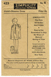 Simplicity 423: 1920s Uncut Little Girls Bloomer Dress Sz 8 Vintage Sewing Pattern