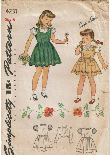 1940s Vintage Simplicity Sewing Pattern 4231 WWII Toddler Girls Jumper Dress Sz6