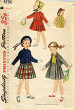 1950s Vintage Simplicity Sewing Pattern 4236 Toddler 3 Piece Girls Suit Size 4