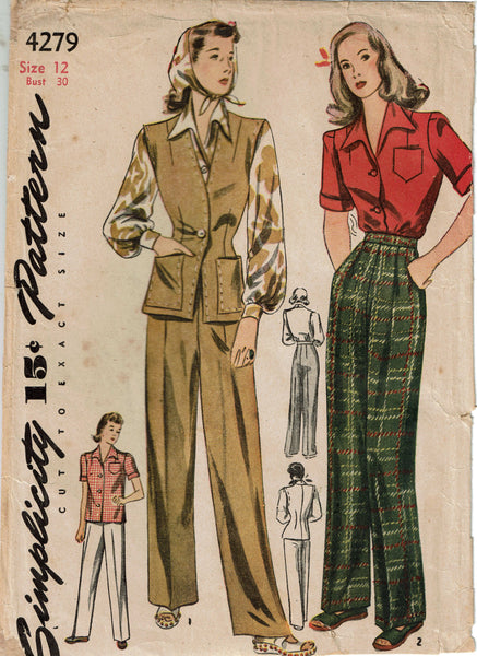Simplicity 4279: 1940s Uncut Misses WWII Slacks Size 30 B Vintage Sewing Pattern
