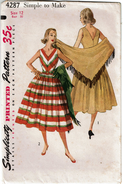 1950s Vintage Simplicity Sewing Pattern 4287 Misses Sun Dress & Shawl Size 12