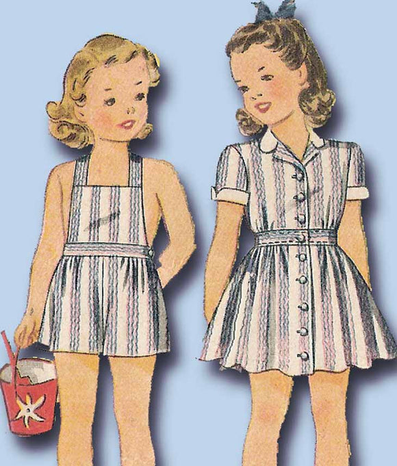 1940s Vintage Simplicity Sewing Pattern 4288 Toddler Girls Playsuit & Dress Sz 6
