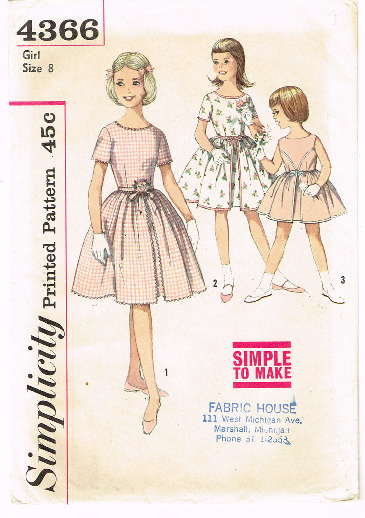 1960s Vintage Simplicity Sewing Pattern 4366 Uncut Girls Party Dress Size 8