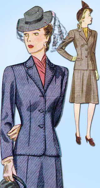 1940s Vintage Simplicity Sewing Pattern 4416 Misses WWII Tailored Suit Sz 34 B