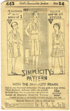 Simplicity 442: 1930s Uncut Girls Ensemble Jacket Size 14 Vintage Sewing Pattern