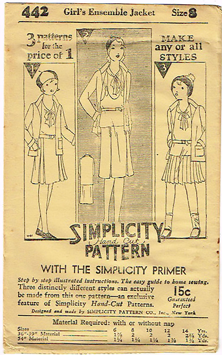 Simplicity 442: 1930s Uncut Girls Jacket Size 8 Vintage Sewing Pattern ...