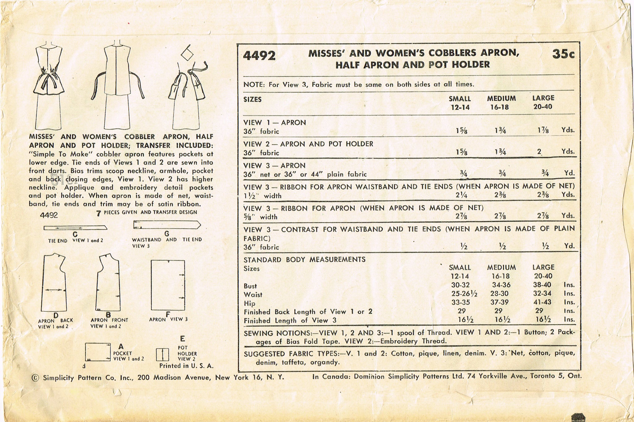 1950s Vintage Simplicity Sewing Pattern 4857 Easy Misses 1 Yard Apron –  Vintage4me2