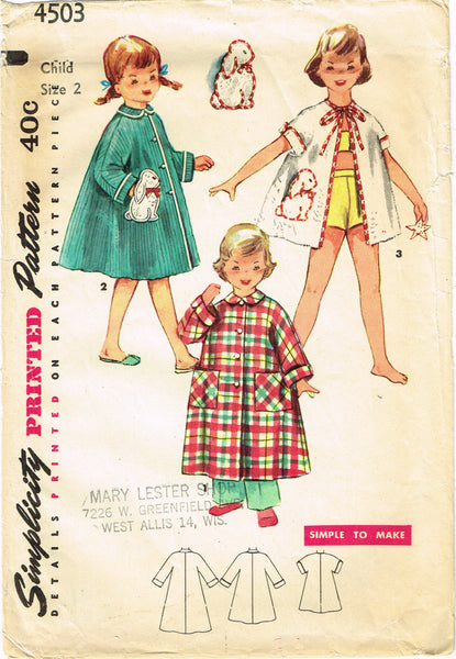 1950s Vintage Simplicity Sewing Pattern 4503 Toddler Girls Bunny Beach Coat Sz 2