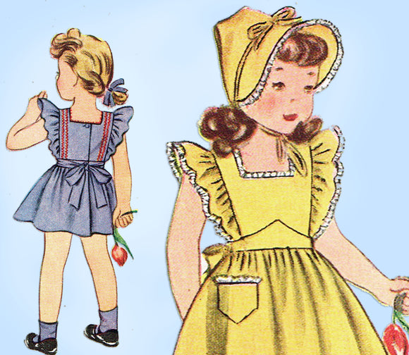 1940s Vintage Simplicity Pattern 4607 Baby Girls Pinafore Dress & Bonnet Sz 6 mos