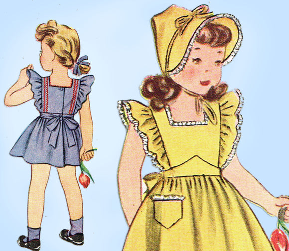 1940s Vintage Simplicity Pattern 4607 Baby Girls Pinafore Dress & Bonnet Sz 6 mos - Vintage4me2