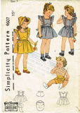 1940s Vintage Simplicity Pattern 4607 Baby Girls Pinafore Dress & Bonnet Size 3