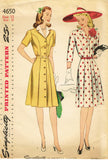 1940s Vintage Simplicity Sewing Pattern 4650 Misses WWII Dress & Dickey Sz 30 B