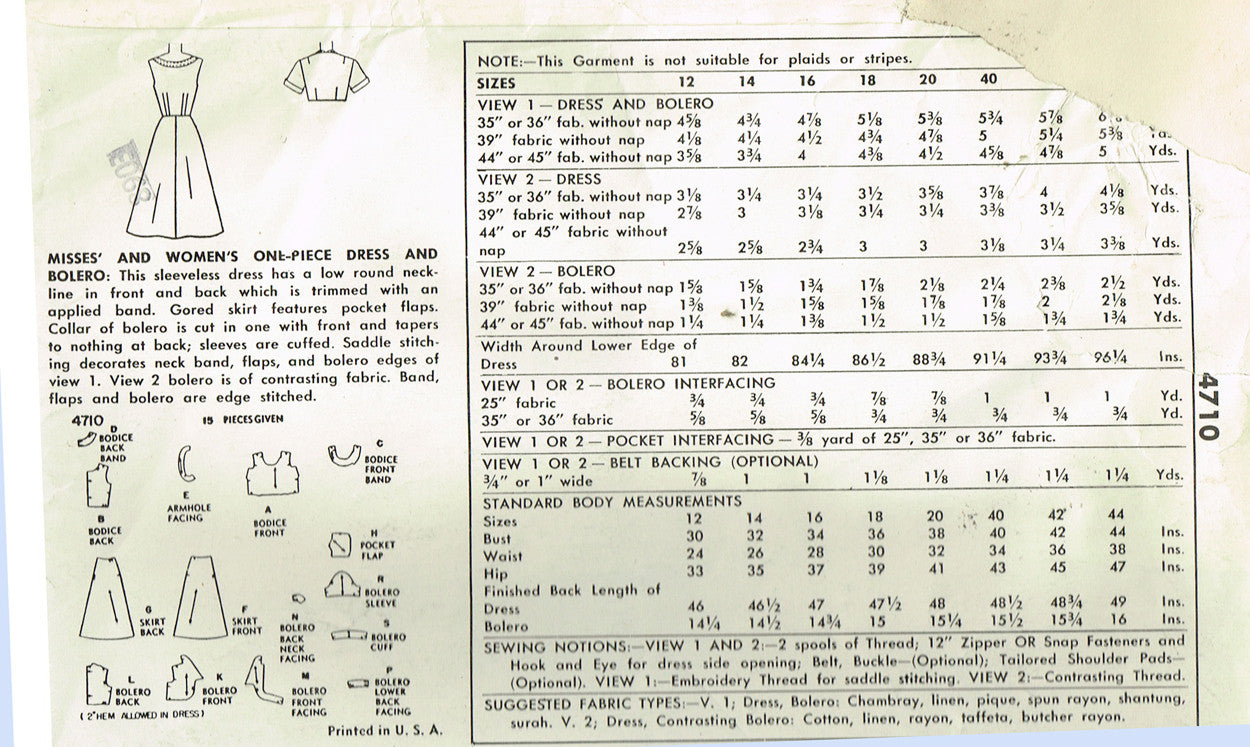 1950s Vintage Simplicity Sewing Pattern 4710 Uncut Misses Dress & Bole ...