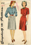 1940s Vintage Simplicity Sewing Pattern 4735 Misses WWII Shirtwaist Dress Sz 12
