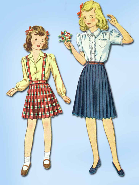 1940s Vintage Simplicity Sewing Pattern 4743 Uncut Girls Skirt and Blouse Sz 10