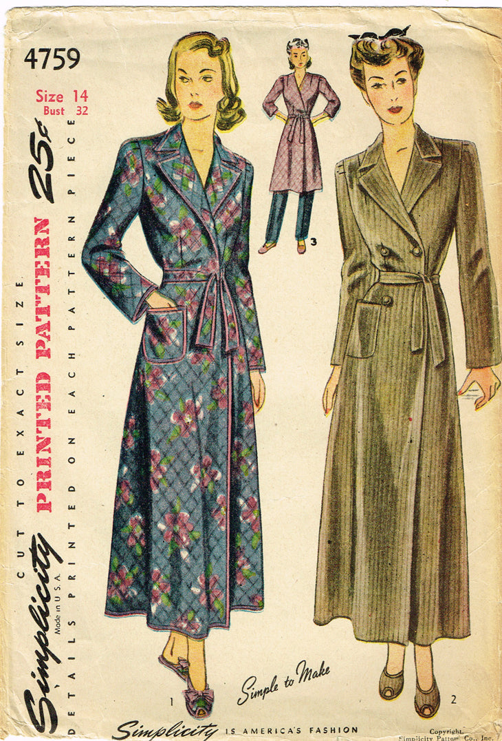 1940s Vintage Simplicity Sewing Pattern 4759 Uncut WWII Housecoat 32 B ...