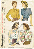 1940s Vintage Simplicity Sewing Pattern 4814 Misses Easy WWII Blouse Size 14 32B