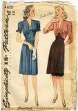 1940s Original Vintage Simplicity Pattern 4850 Easy WWII Cocktail Dress Sz 34 B