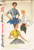 1950s Misses Simplicity Sewing Pattern 4882 Uncut Misses Fitted Blouse Sz 12 30B