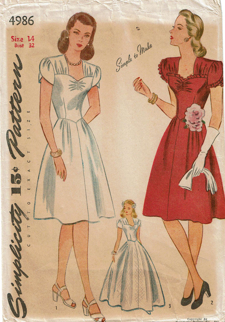 1940s Vintage Simplicity Sewing Pattern 4986 War Bride Wedding Dress S –  Vintage4me2