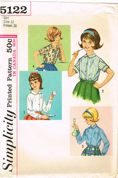 1960s Vintage Simplicity Sewing Pattern 5122 Cute Little Girls Blouse Size 12