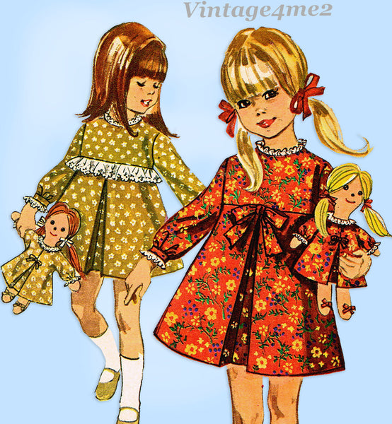 1960s Vintage Simplicity Sewing Pattern 6813 Uncut Girls Dress w Doll Sz 5