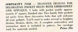 1940s Vintage Simplicity Embroidery Transfer 7358 Uncut Applique Belt Pockets