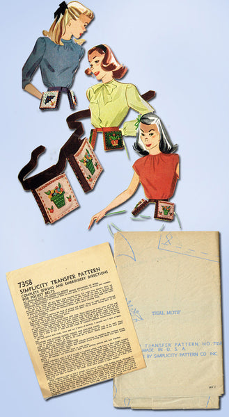 1940s Vintage Simplicity Embroidery Transfer 7358 Uncut Applique Belt Pockets