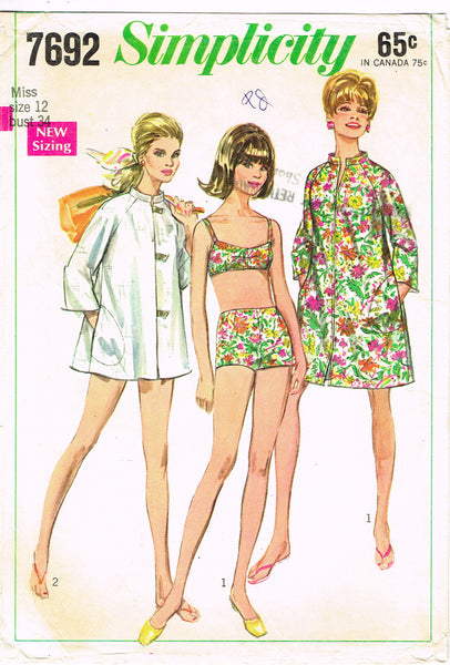 1960s Vintage Simplicity Sewing Pattern 7692 Cute Swim Suit & Cover Up Size 34 B