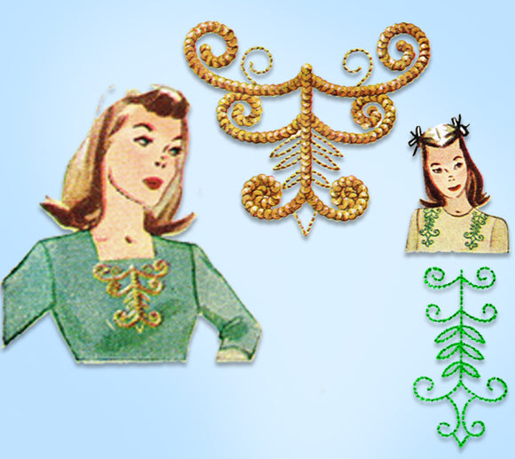 1940s Vintage Simplicity Embroidery Transfer 7408 Uncut Sequin Clothing Trims