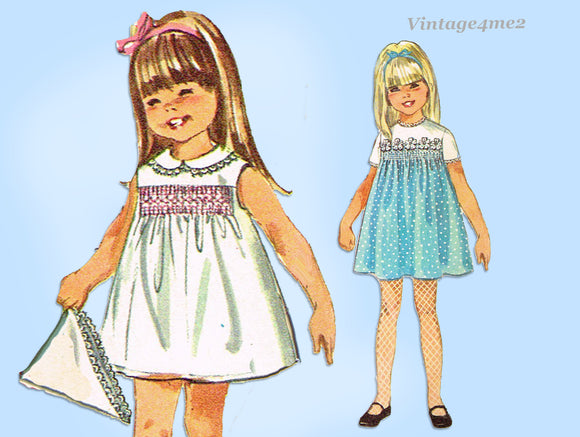 Simplicity 7466: 1960s Toddler Girls Smocked Dress Size 2 Vintage Sewing Pattern