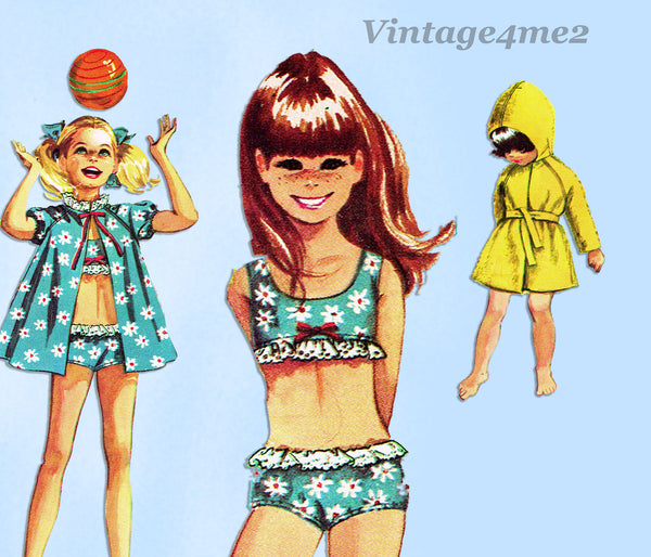 1960s Vintage Simplicity Sewing Pattern 7710 Toddler Girls 2 Piece Bathing Suit Sz 6