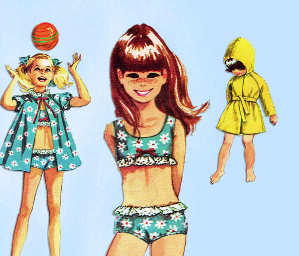 1960s Vintage Simplicity Sewing Pattern 7710 Little Girls 2 Piece Bathing Suit Sz 10