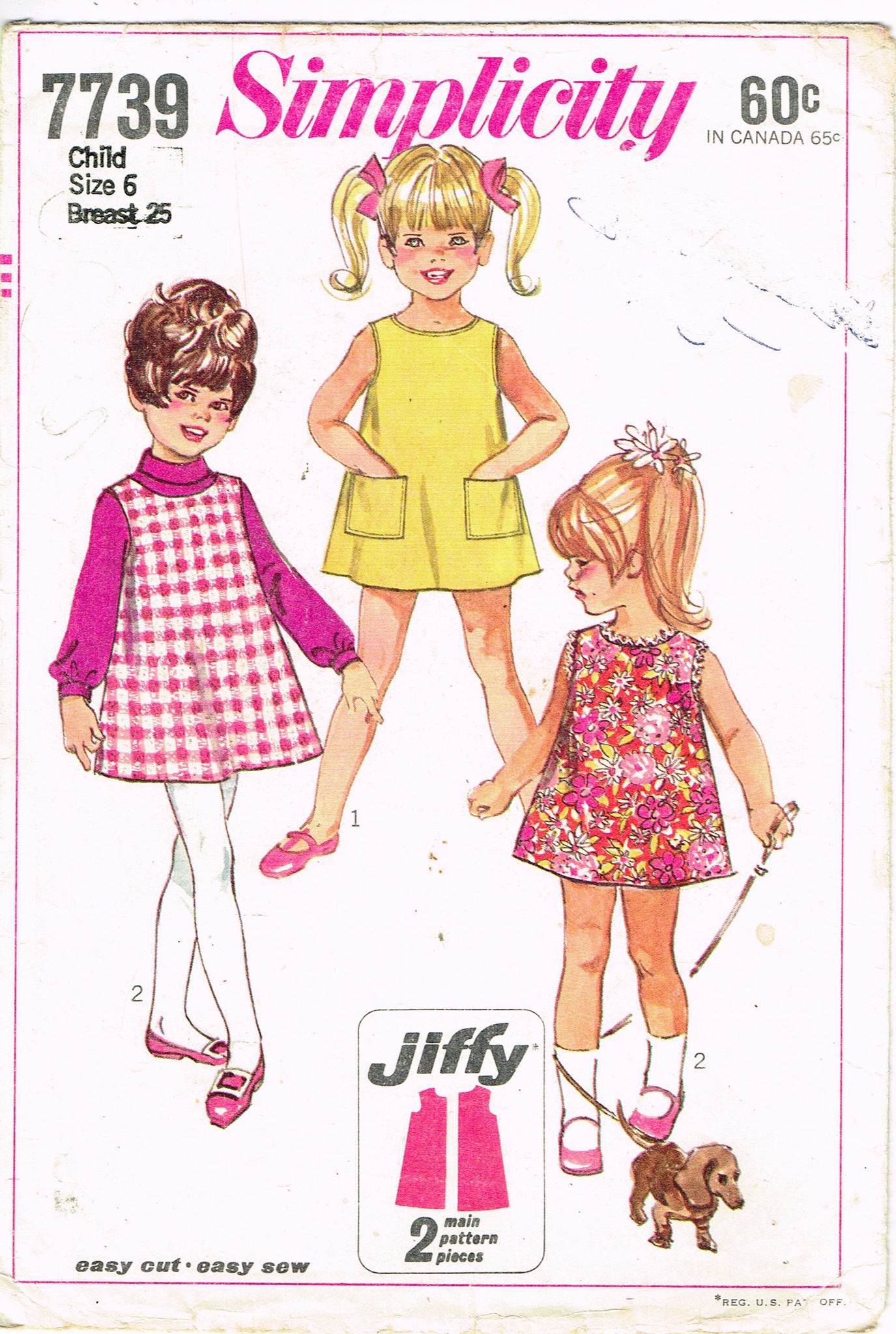 Simplicity 7739: 1960s Sweet Toddler Girls Dress Size 6 Vintage