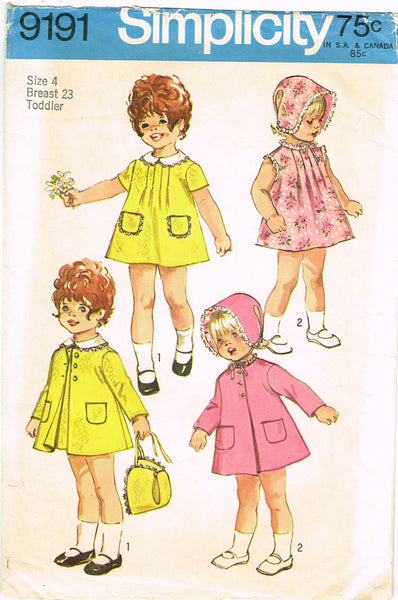 Simplicity 9191: 1960s Toddler Girls Dress & Coat Size 4  Vintage Sewing Pattern