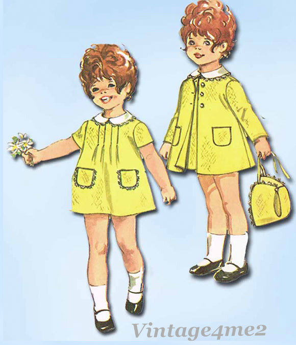 Simplicity 9191: 1960s Toddler Girls Dress & Coat Size 4  Vintage Sewing Pattern