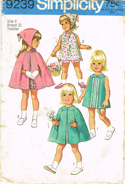 Simplicity 9239: 1970s Uncut Baby Girls Dress & Coat Sz 2 Vintage Sewing Pattern