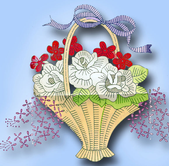 1940s Vintage Superior Embroidery Transfer 182 Uncut Flower Basket Pcases - Vintage4me2