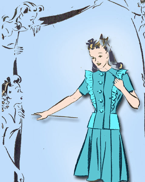 1940s Vintage Superior Sewing Pattern 6634 FF Misses Suit Ruffled Bretelles 31 B - Vintage4me2
