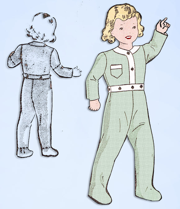 1940s Vintage Superior Sewing Pattern 9901 WWII Toddler Footie Pajamas Size 3