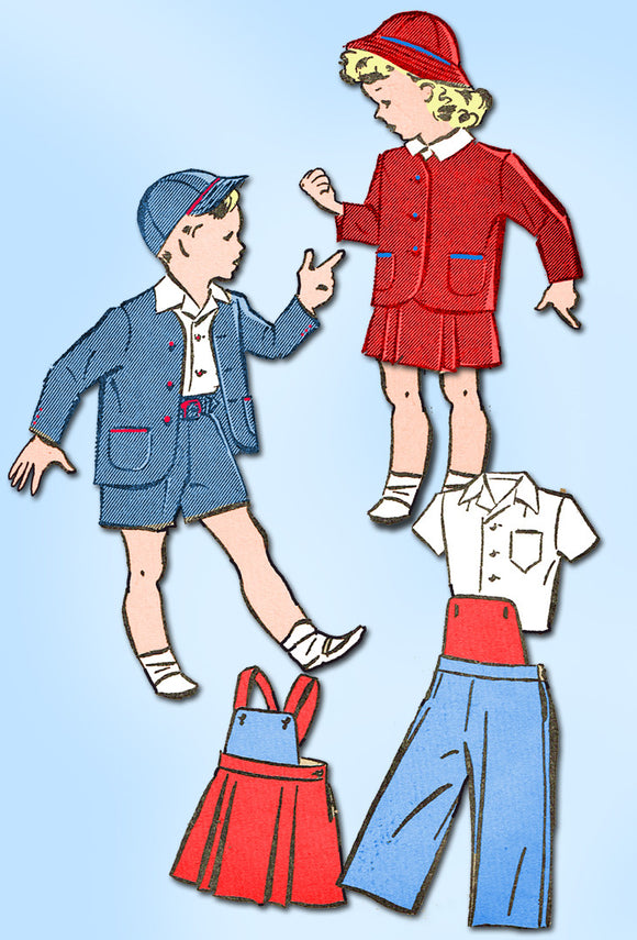1940s Vintage Superior Sewing Pattern 6293 WWII Twins Suit & Hats Size 2 21 Bust
