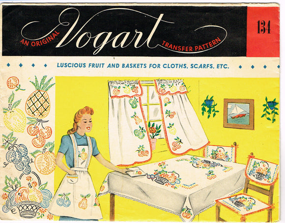 1950s Vintage Vogart Embroidery Transfer 134 Uncut Fruit Basket Kitchen Motifs