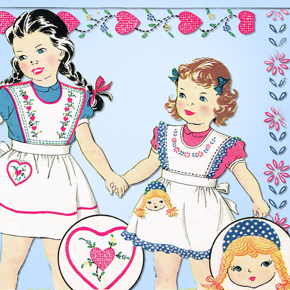 1950s VTG Vogart Embroidery Transfer 144 Uncut Toddler Girls Embroidered Aprons - Vintage4me2