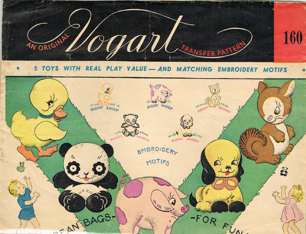 1940s Vintage Vogart Transfer Pattern 160 Uncut Bean Bag Toys w Pocket Motifs