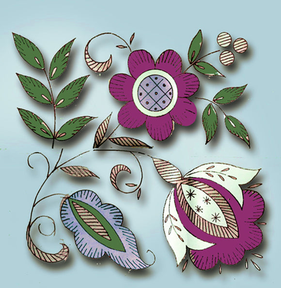 1960s Vintage Jacboean Crewel Motifs Uncut Vogart Embroidery Transfer 2004B - Vintage4me2