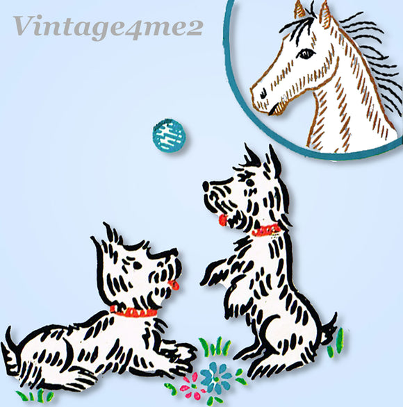 1950s VTG Vogart Embroidery Transfer 267 Uncut Horses and Scottie Linen Set