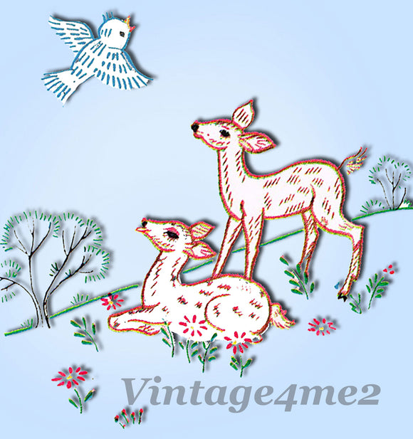 1950s VTG Vogart Embroidery Transfer 603 Uncut Deer and Flowers Vanity Scarf