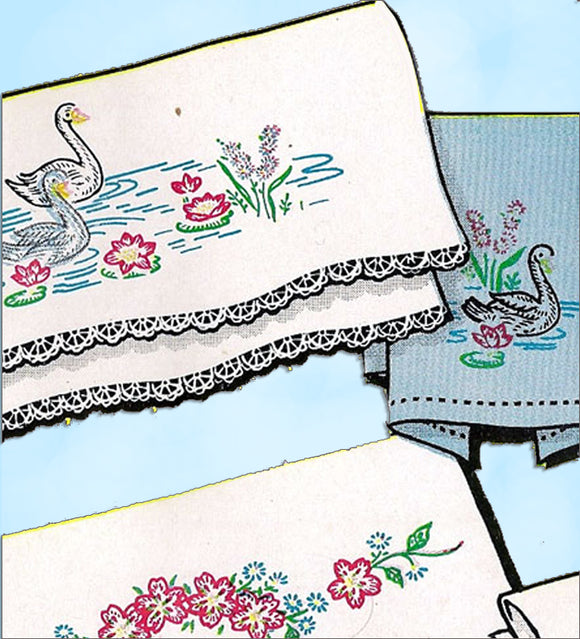 1950s Vintage Vogart Embroidery Transfer 641 Uncut Floral & Swan Pillowcases